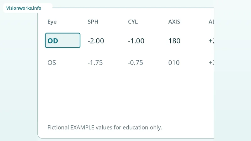 Educational eyeglasses prescription diagram highlighting OS — Left eye