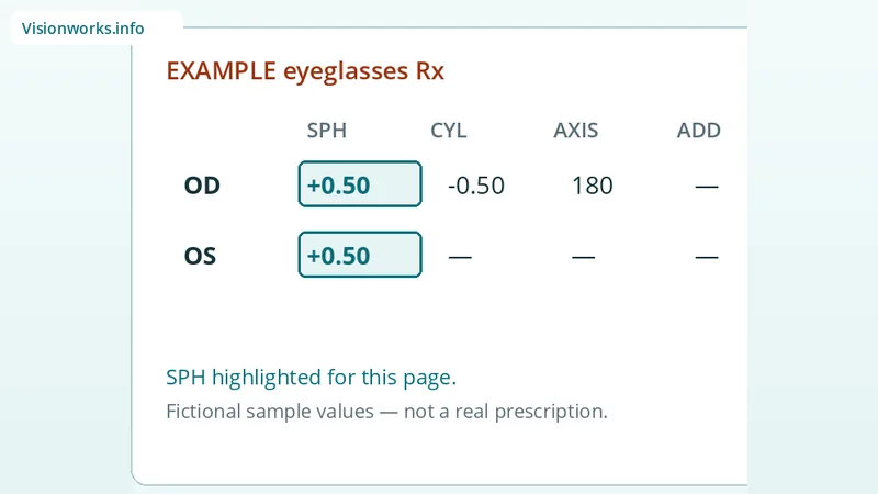 Example fictional eyeglasses prescription card highlighting sphere value +0.50 diopters