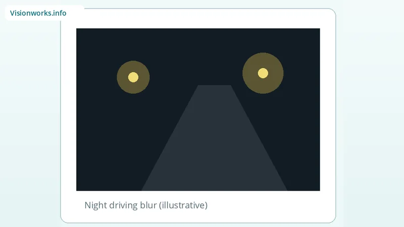 Night road scene with soft headlights illustrating blurry vision at night