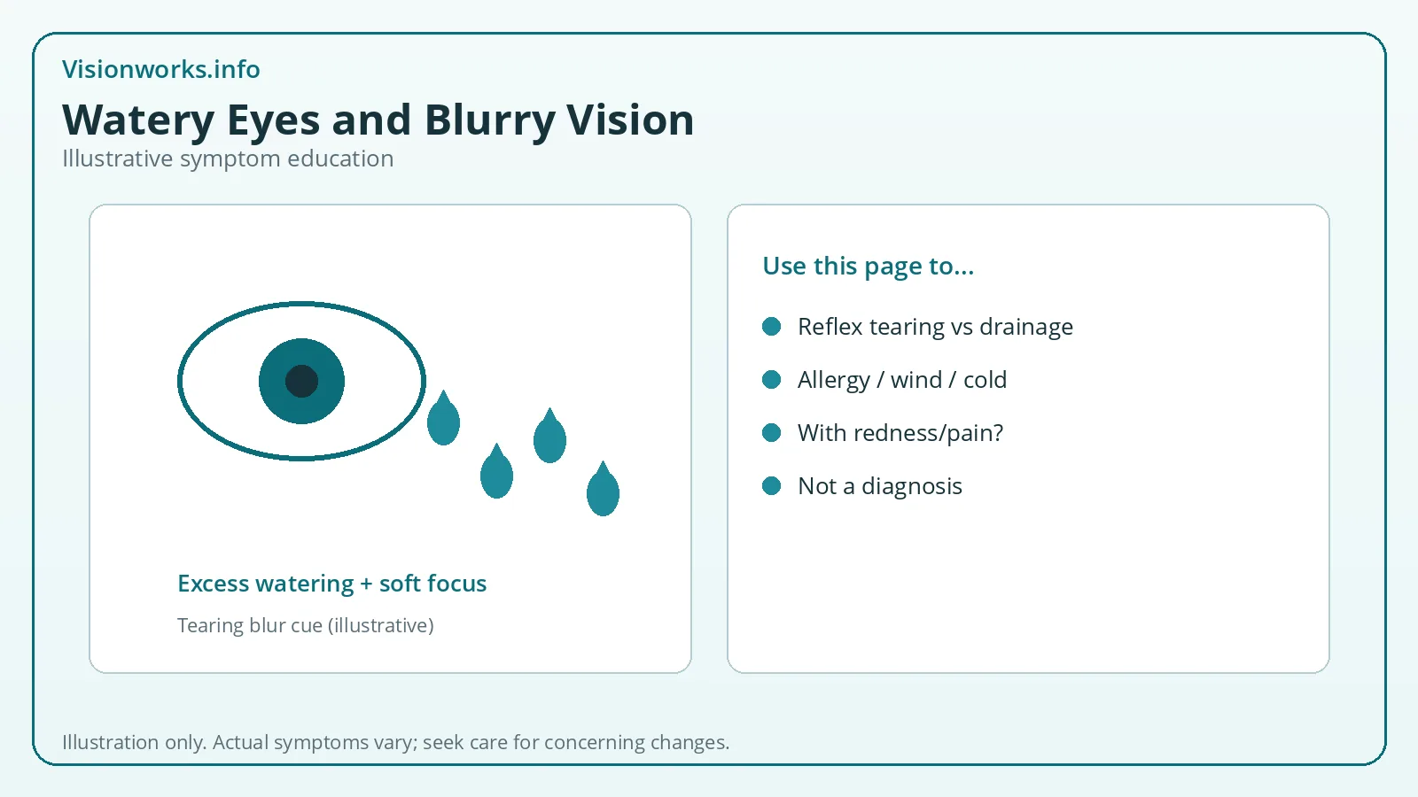 Eye with tear-drop shapes illustrating watery eyes and blurry vision