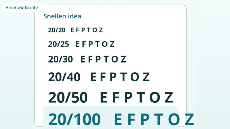 Educational diagram explaining 20/100 Snellen-style visual acuity and related notations