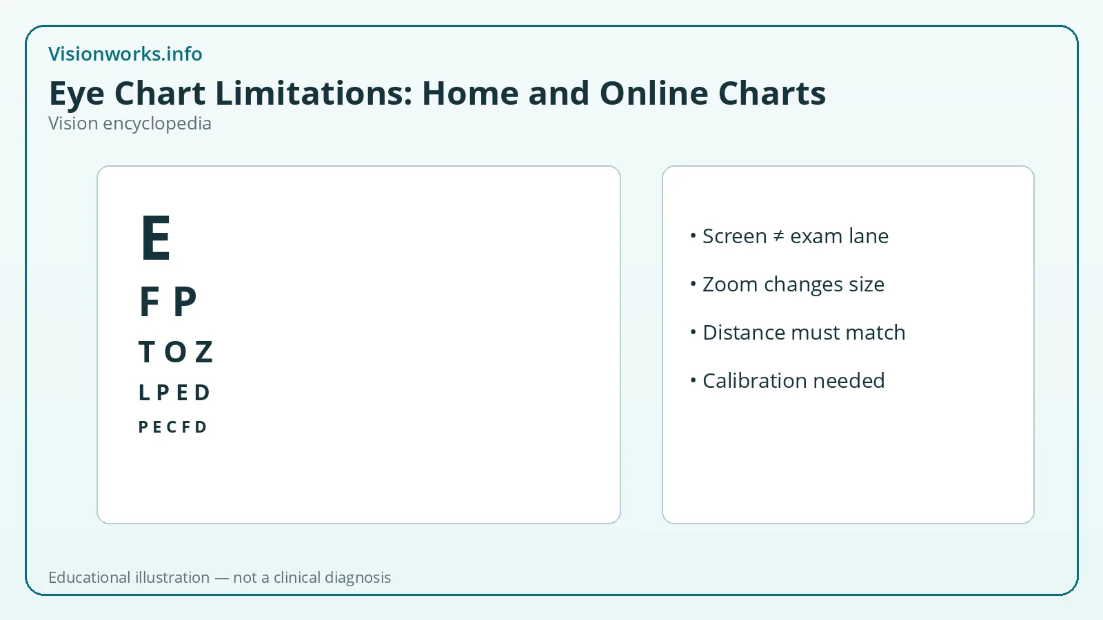 Educational vision encyclopedia graphic for eye chart limitations